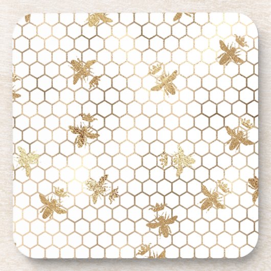 Gold Queen Bees en Honeycomb op White Bier Onderzetter (Voorkant)