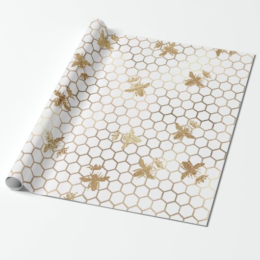 Gold Queen Bees en Honeycomb op White Cadeaupapier (Uitgerold)