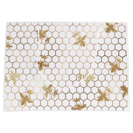 Gold Queen Bees en Honeycomb op White Groot Cadeauzakje (Voorkant)