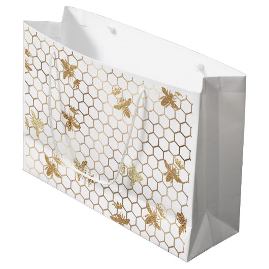 Gold Queen Bees en Honeycomb op White Groot Cadeauzakje (Voorkant Gekanteld)