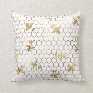 Gold Queen Bees en Honeycomb op White Kussen