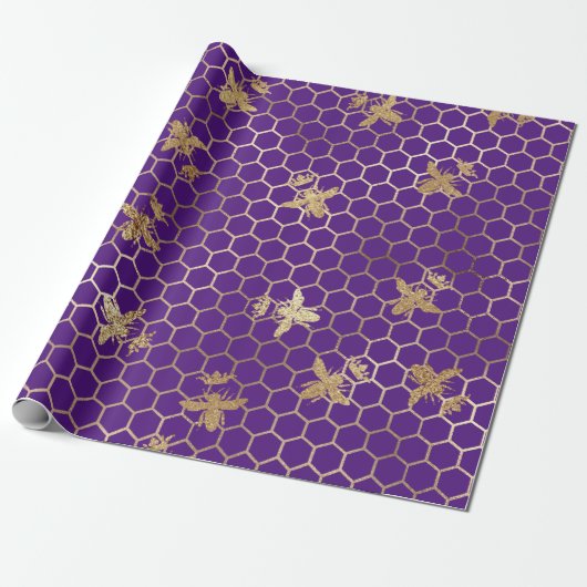 Gold Queen bijen en Honeycomb op Paars Cadeaupapier (Uitgerold)