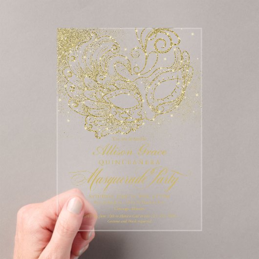 Gold Quinceanera Masquerade Party Acryl Uitnodigingen (Insitu (Draagbaar))