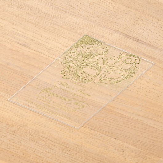 Gold Quinceanera Masquerade Party Acryl Uitnodigingen (Laagn)