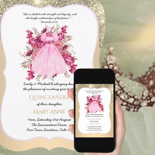Gold Quinceañera Pink Floral Elegant Uitnodiging