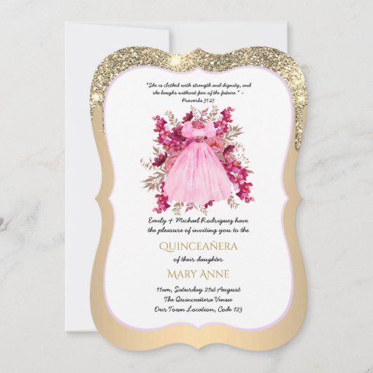 Gold Quinceañera Pink Floral Elegant Uitnodiging (Voorkant)