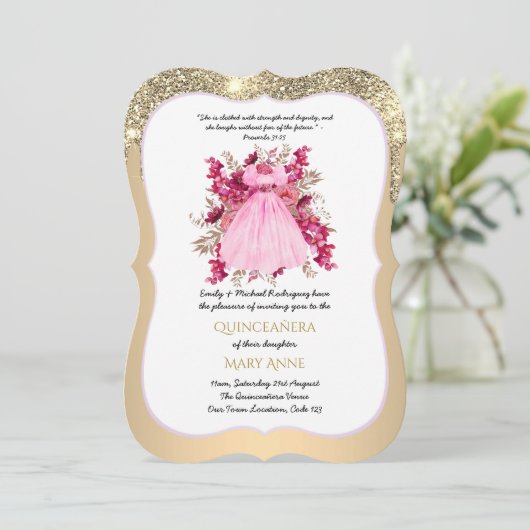 Gold Quinceañera Pink Floral Elegant Uitnodiging (Staand voorkant)