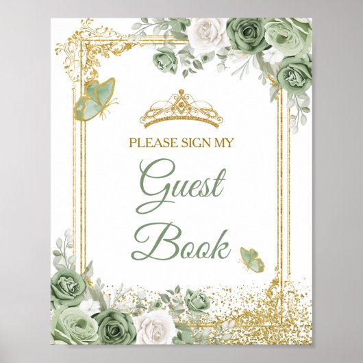 Gold Quinceañera Sage Green Crown Guest Book Poster (Voorkant)