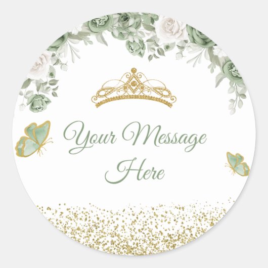 Gold Quinceañera Sage Green Crown Uw bericht Ronde Sticker (Voorkant)
