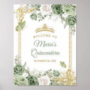 Gold Quinceañera Sage Green Crown Welkom Poster
