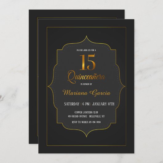 Gold Quinceañera uitnodiging (Voorkant / Achterkant)