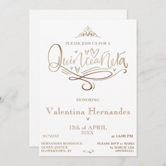 Gold Quinceañera Uitnodiging Sjabloon (Voorkant / Achterkant)