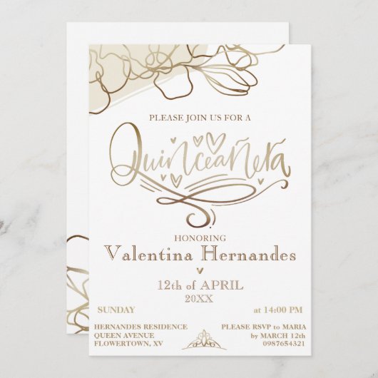 Gold Quinceañera Uitnodiging Sjabloon (Voorkant / Achterkant)