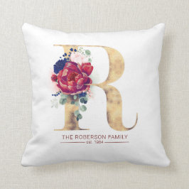 Gold R Monogram Floral Burgundy Red en Navy Blue Kussen