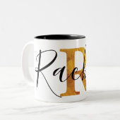Gold 'R'-monogram met persoonlijke naam Tweekleurige Koffiemok (Voorkant links)