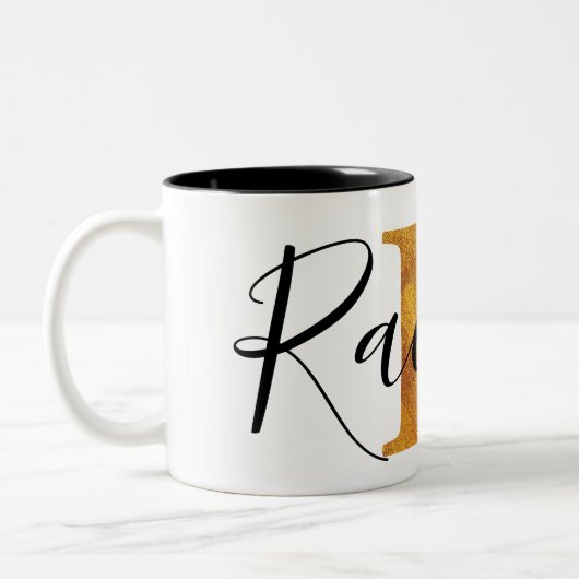 Gold 'R'-monogram met persoonlijke naam Tweekleurige Koffiemok (Links)