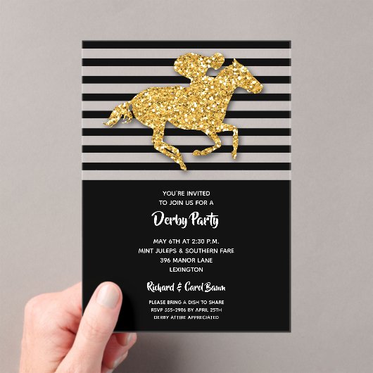 Gold Racehorse Black Stripes Derby Party Acryl Uitnodigingen (Insitu (Draagbaar))