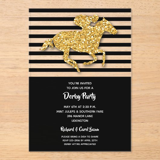 Gold Racehorse Black Stripes Derby Party Acryl Uitnodigingen (Voorkant)