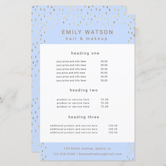 Gold Rain Drops Faux Folie Service en Prijs Flyer (Voorkant / Achterkant)