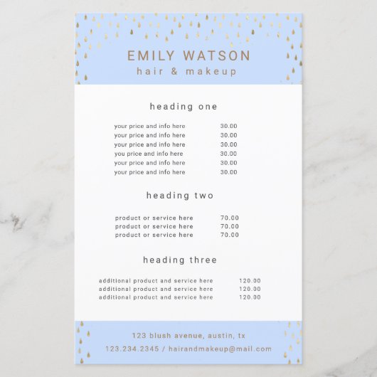 Gold Rain Drops Faux Folie Service en Prijs Flyer (Voorkant)