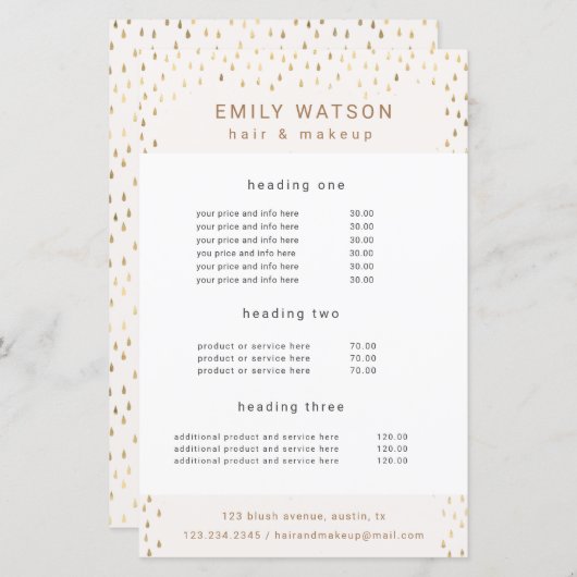 Gold Rain Drops Faux Folie Service en Prijs Flyer (Voorkant / Achterkant)