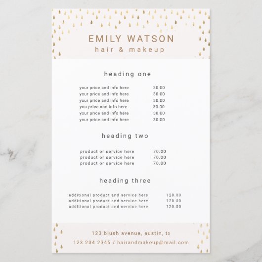 Gold Rain Drops Faux Folie Service en Prijs Flyer (Voorkant)