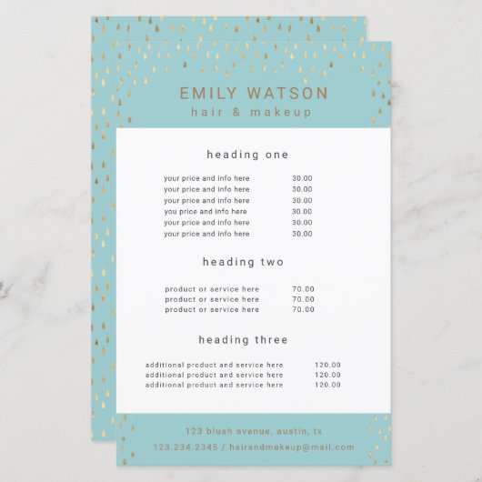 Gold Rain Drops Faux Folie Service en Prijs Flyer (Voorkant / Achterkant)