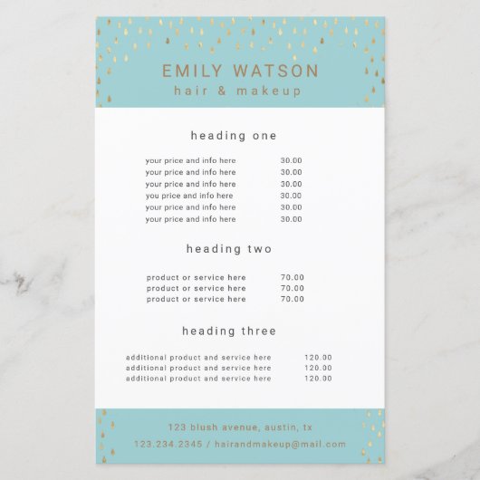 Gold Rain Drops Faux Folie Service en Prijs Flyer (Voorkant)