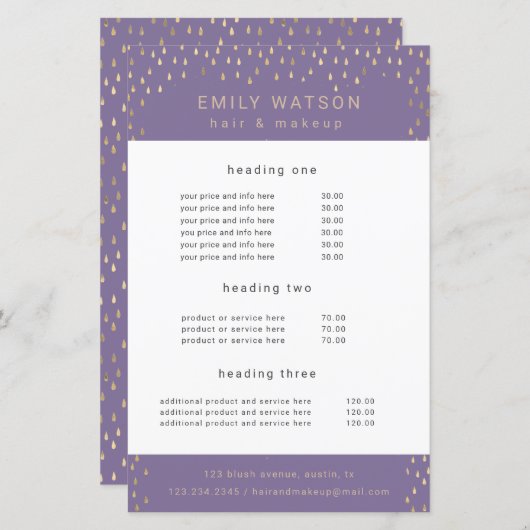 Gold Rain Drops Faux Folie Service en Prijs Flyer (Voorkant / Achterkant)