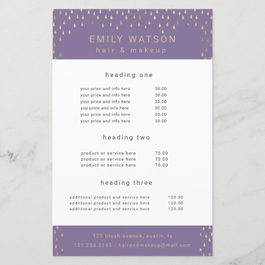 Gold Rain Drops Faux Folie Service en Prijs Flyer (Voorkant)