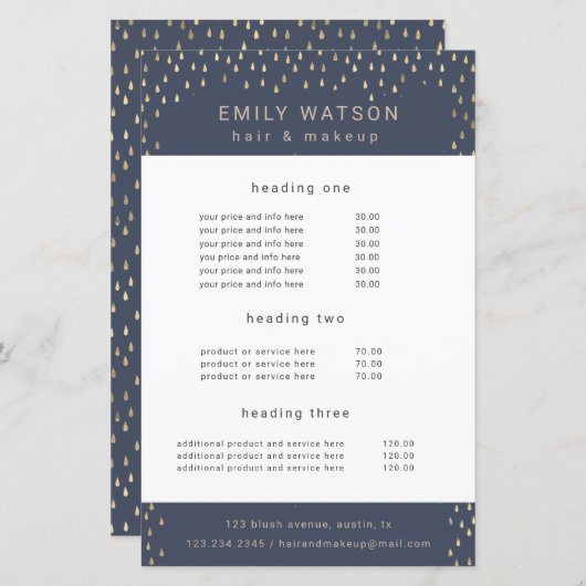 Gold Rain Drops Faux Folie Service en Prijs Flyer (Voorkant / Achterkant)