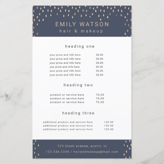 Gold Rain Drops Faux Folie Service en Prijs Flyer (Voorkant)