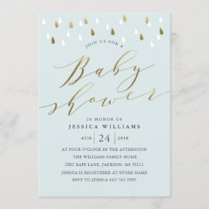 Gold raindrops Sint script baby shower nodigt blau Kaart
