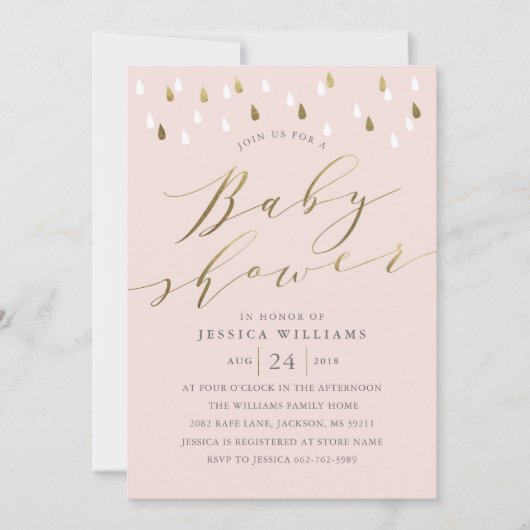 Gold raindrops snuffelscript baby shower nodigt ro kaart (Voorkant)