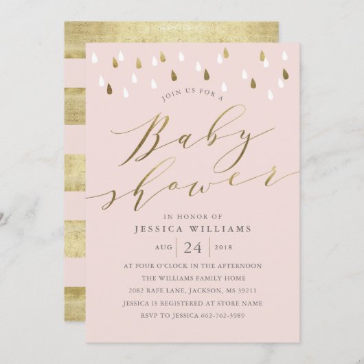 Gold raindrops snuffelscript baby shower nodigt ro kaart (Voorkant / Achterkant)