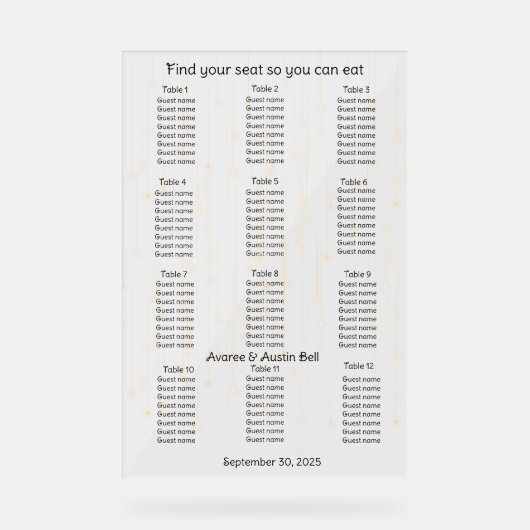 Gold Rainfall String Lights Trouwstoel Grafiek Acryl Bord (Voorkant)