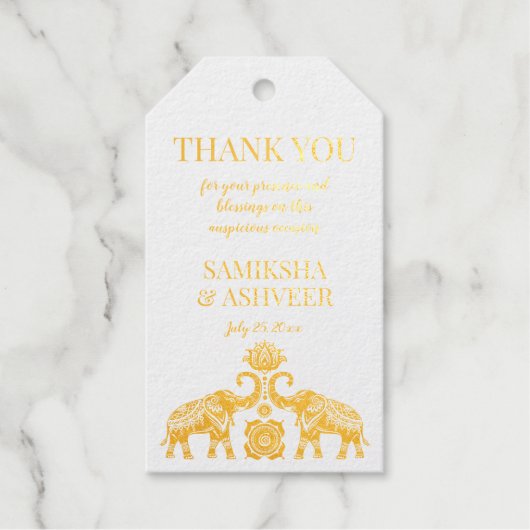 Gold rangoli olifanten Indische bruiloft bedankt Cadeaulabels (Voorkant)