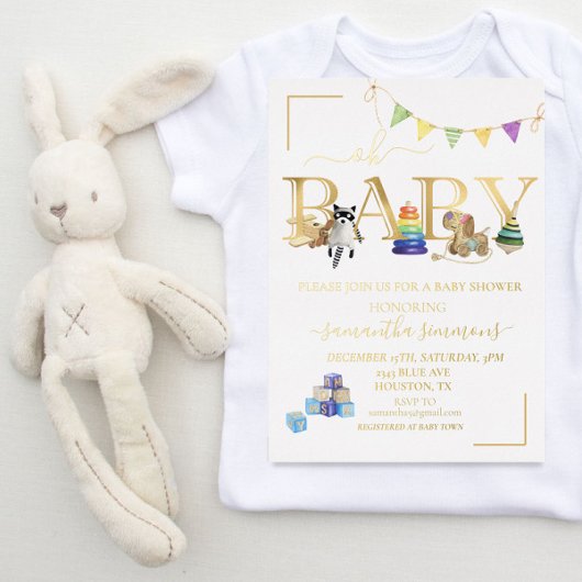 Gold Real Folie Baby shower  Speelgoed Uitnodiging