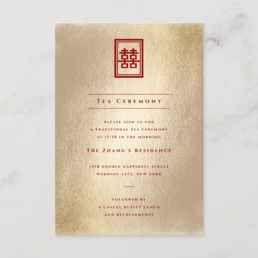 Gold Rectangle Double Happiness Chinese Wedding Informatiekaartje (Voorkant)