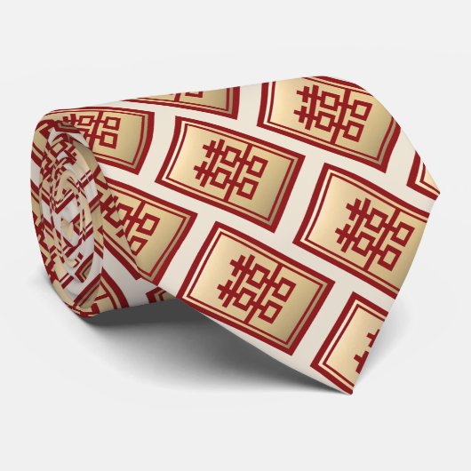 Gold Rectangle Double Happiness Chinese Wedding Stropdas (Opgerold)