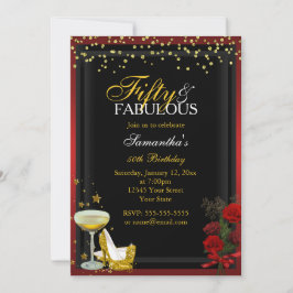 Gold & Red 50 & Fabulous Birthday Invitation Kaart