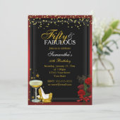 Gold & Red 50 & Fabulous Birthday Invitation Kaart (Staand voorkant)