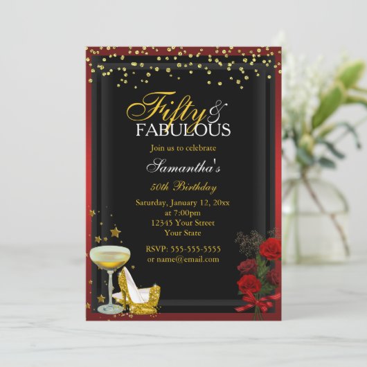 Gold & Red 50 & Fabulous Birthday Invitation Kaart (Staand voorkant)