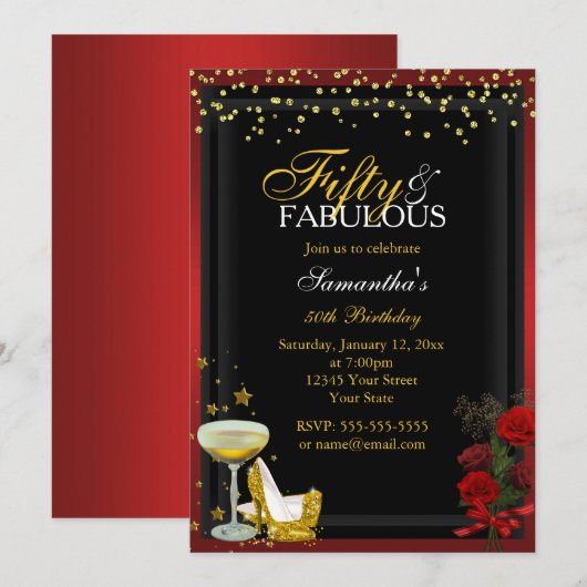 Gold & Red 50 & Fabulous Birthday Invitation Kaart (Voorkant / Achterkant)