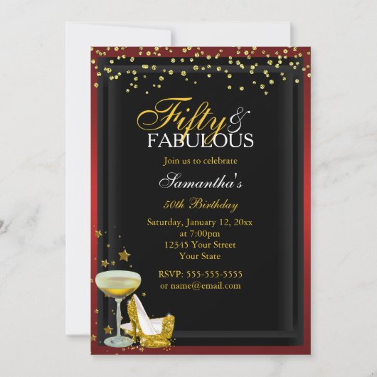 Gold & Red 50 & Fabulous Birthday Invitation Kaart (Voorkant)