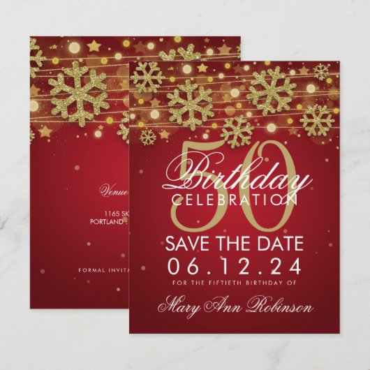 Gold Red 50th Birthday Save Date Winter Kaart (Voorkant / Achterkant)