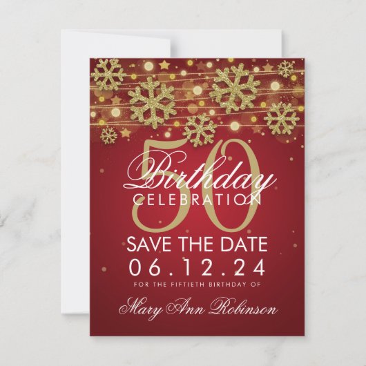 Gold Red 50th Birthday Save Date Winter Save The Date (Voorkant)