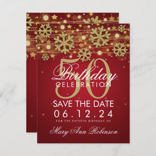 Gold Red 50th Birthday Save Date Winter Save The Date (Voorkant / Achterkant)