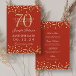 Gold Red 70th Birthday Bewaar de datum Details Kaart<br><div class="desc">Elegant "70th Birthday Party" ontwerp met faux glitter confetti & details tekst. Makkelijk te gebruiken en makkelijk te personaliseren. Bestel vandaag nog!</div>