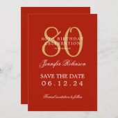 Gold Red 80th Birthday Bewaar de datum Details Kaart (Voorkant / Achterkant)